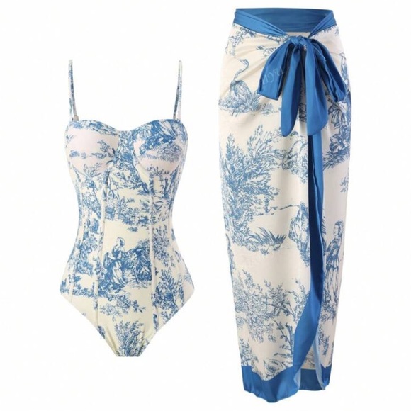 Chic Blue and White One-Piece Swimsuit - Picture 1 of 4